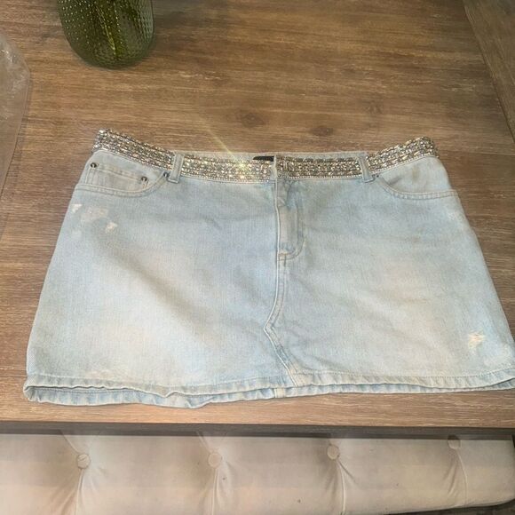 - Retrofete Women's Blue Denim Mini Skirt Size 32 Rhinestone Embellished - Picture 11 of 14